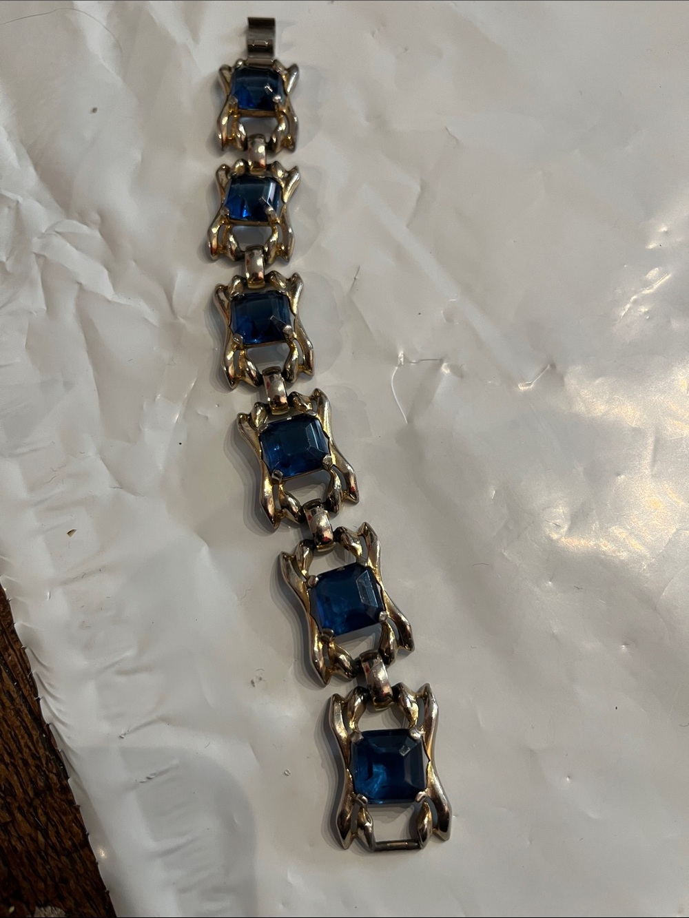 Silvertone Bracelet with Blue Gemstone squares, unbranded